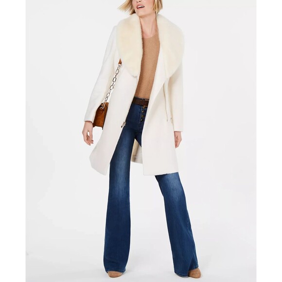INC International Concepts Jackets & Blazers - INC Faux-Fur-Trim Asymmetrical Walker Midi Coat Ivory Womens XL Wool Overcoat